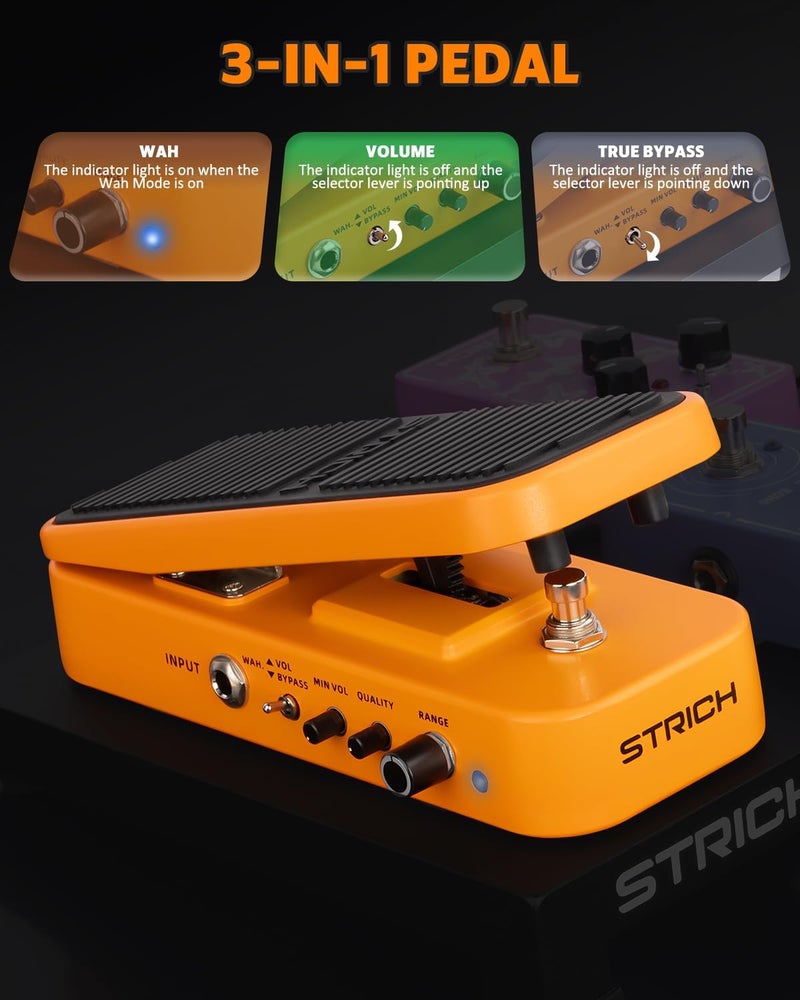 STRICH SW-2 Guitar Wah & Volume Pedal with a Power Supply, 2 in 1 Combo Effects Pedal for Electric Guitar, Vintage Wah Tone with Active Volume Control, Full-Size Lightweight Design - Image 2